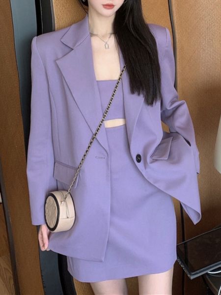 

two piece dress spring autumn women's suit ol purple 2 set elegant long sleeved blazer hollow spaghetti straps dresses outfit 230418, White