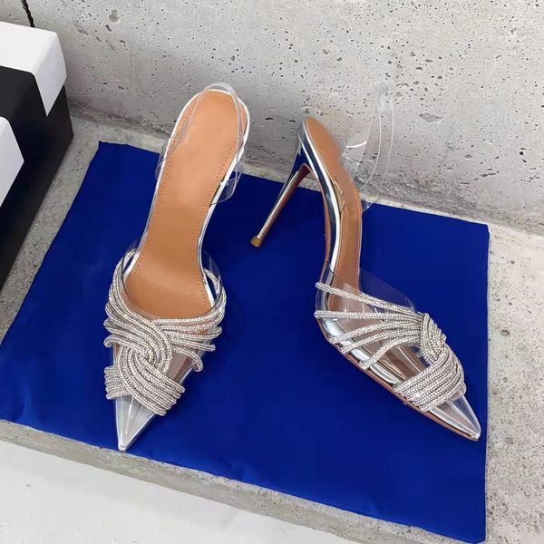 

sandals designer brand women pumps rhinestones high heels transparent sandals slingbacks pointed toe party bride wedding shoes ladies 230418, Black