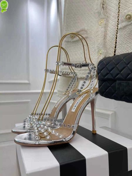 

designer sandals new season aquazzura shoes tequila sandals 105 sparkling party italy clear pvc crystals stiletto heel wedding bride, Black
