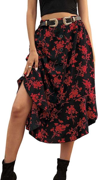 

shein women's floral print button front ruffle hem high waist a line midi skirts, Black