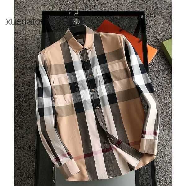 

mens casual shirt burbrerys mens embroidered collar long sleeved single breasted camisas de hombre fashion bur geometric plaid casual shirt, White;black