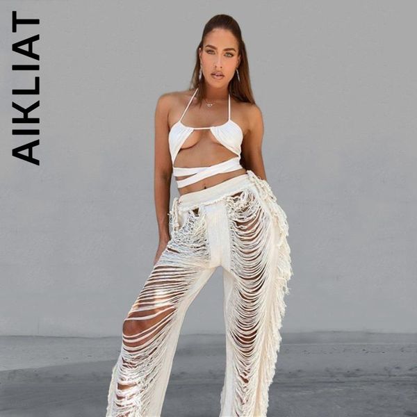 

capris aikliat pants new women trousers allmatch pant y2k solid knitted hipster tassel sweatpants leg trousers trendy mujer female, Black;white