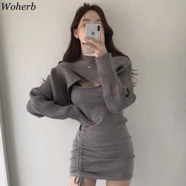 

dresses woherb two peices set women knitted cape + sleeveless pleated mini dress bodycon 2022 all match outfit vestidos korean suit, Black;gray