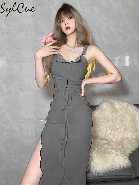 

party dresses solid color split trend street self-cultivation wave high waist fashion lace halter strap women's knitted dress 230322, White;black