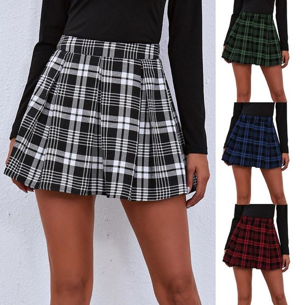 

skirts women mini skater skirts plaid pleated skirt high-waisted skirt school uniform woman flared skater clothes womens clothing 230418, Black