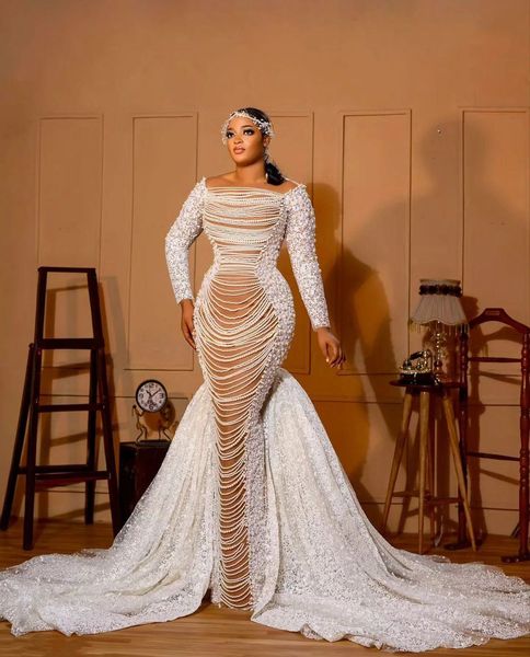 

mermaid wedding dresses long sleeves bateau beaded sequins appliques detachable train pearls plus size diamonds bridal gowns plus size vesti, White