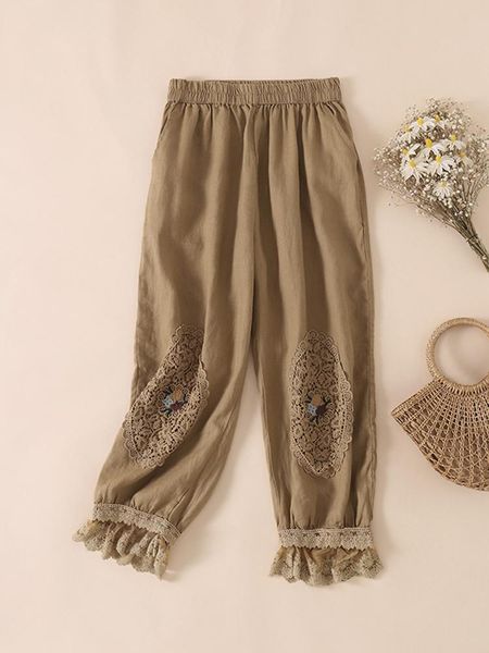 

capris vintage literary loose anklelength pants for women casual lace flower embroidered harem pants female lantern trousers pantalon, Black;white