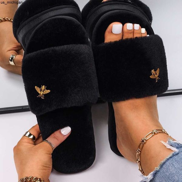 

slippers 2022 fluffy slippers women faux fur slides indoor slippers female flip flops plush sandals flat open toe luxury designer shoes j230, Black