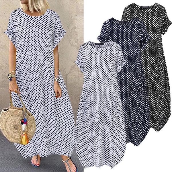 

dresses fashion summer printed dress women's sundress zanzea 2022 short sleeve tunic maxi vestidos female casual polka dot robe oversiz, Black;gray