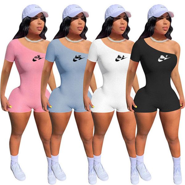 

2023 brand designer women one-shoulder jumpsuits fashion casual letter rompers skinny shorts summer solid color clothing dhl 5020, Black;white