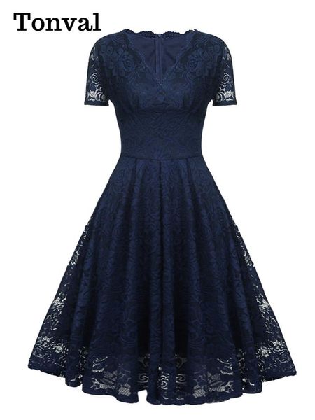 

dresses tonval vneck high waist lace elegant party vintage midi dresses for women 2022 short sleeve summer style pleated swing dress, Black;gray
