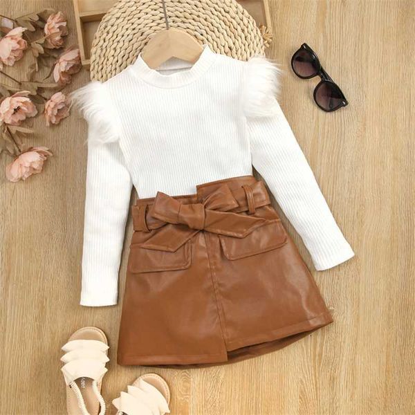 

clothing sets 1-6y kids girls autumn clothes set baby solid color feather trim long sleeve knit and pu leather belted skirt children outfit, White
