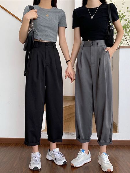

women's pants capris jielur straight pants women bf style chic trendy ankle-length trousers summer all-match college classic teens pant, Black;white
