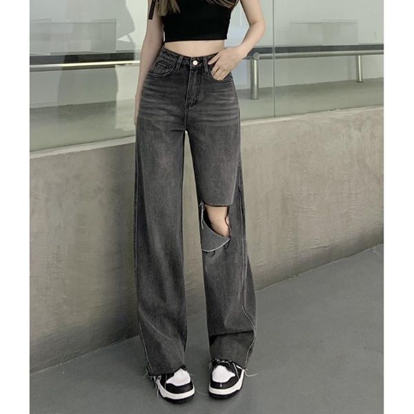 

jeans vintage ripped jeans woman high waist 2022 summer wide leg denim trouser baggy casual streetwear classic straight mom jean pants, Blue