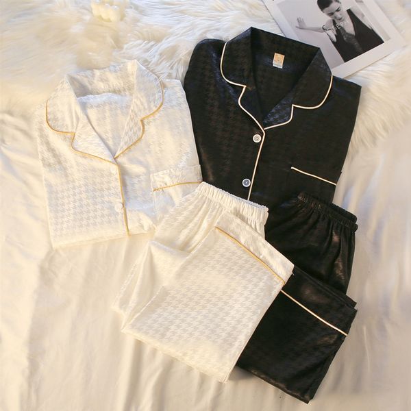 

women's sleepwear couple pajamas suit ice silk long-sleeve sleepwear silky satin women home service set femme pijamas mujer feminino py, Black;red