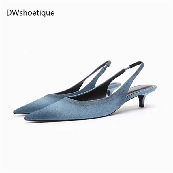 

sandals pointed toe demin women slingbacks low thin heel dress shoes 230417, Black