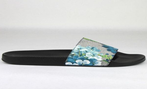 

mens and womens fashion blue blooms print slide sandals slippers italianmade causal beach scuffs with box and dust bags9637580, Black