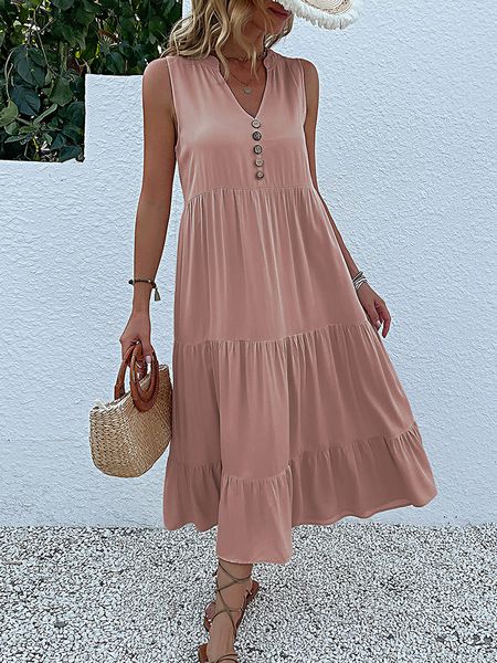 

casual dresses jim nora casual summer midi dress women sleeveless tank v neck buttons ruffle loose dresses beach soild sundress fashion 2304, Black;gray