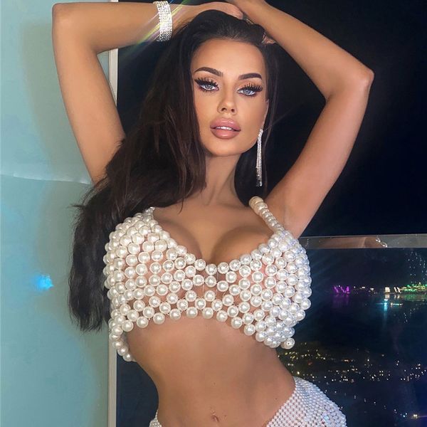 

camisoles tanks fashion acrylic pearl crop camisole hollow out beach wear festival women see through party club tank accessories 230418, Black;white