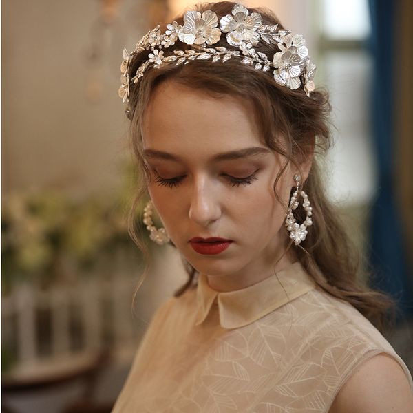 

big floral bridal crown hair tiara silver color leaf wedding headpiece handmade women party prom hairband hair jewelry