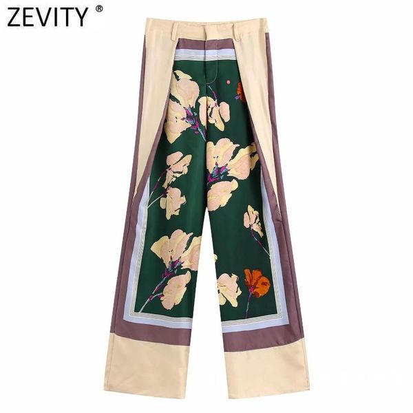 

capris zevity new women vintage patchwork floral print silk wide leg pants female chic retro button fly trousers pantalones mujer p1199, Black;white