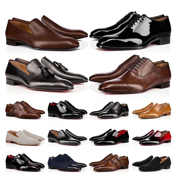 

2023 mens dress shoes luxury designers genuine leather rivets patent leather red shoe khaki flat men outdoor business party wedding oxfords, Black