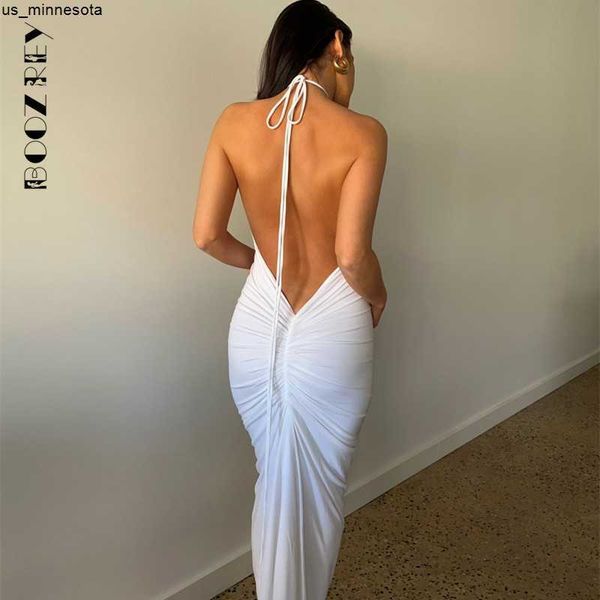 

casual dresses boozrey elegant fashion halter backless draped maxi dress women 2022 summer women party long straps pleated dresses clothes j, Black;gray