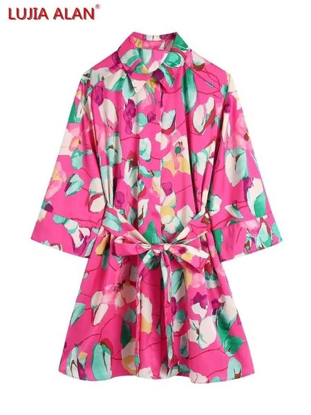 

dresses women flower printing satin sashes loose shirt dress summer female half sleeve mini vestidos lujia alan wd128, Black;gray