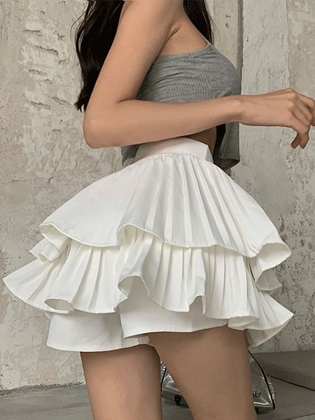 

skirts high waist pleated mini skirt women double layer white a-line skirt with shorts y2k clothes korean fashion goth harajuku skirt 230418, Black