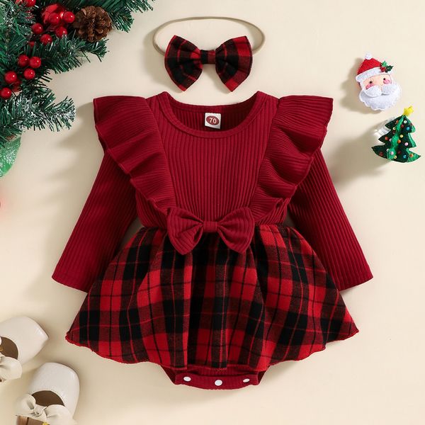 

rompers ma baby 0-24m christmas girl red romper born infant baby knit ruffle long sleeve bow jumpsuit plaid print xmas costumes d01 230418, Blue