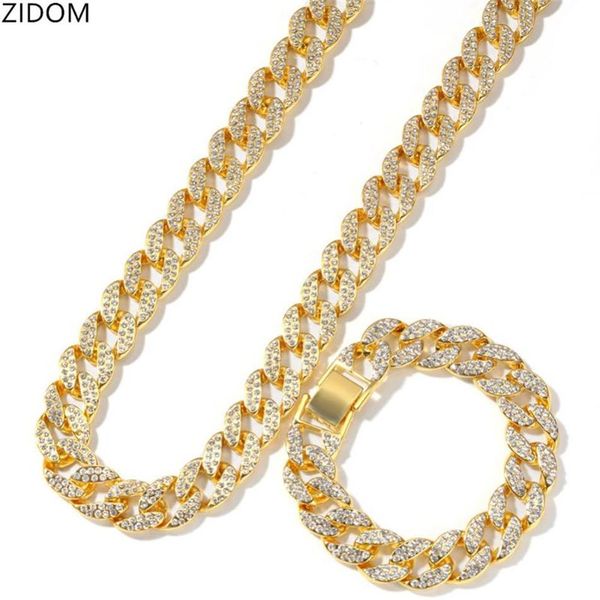 

2pcs set men hip hop iced out bling chain necklace& bracelets 15mm width miami cuban chains necklaces hiphop jewelry gifts290o, Silver