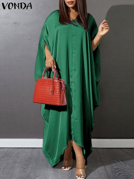

dresses vonda 2022 oversize women half bat sleeve robe casual long solid pleated v neck maxi holiday robe stylish summer party dress, Black;gray