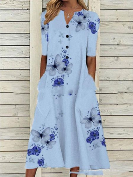 

dresses early spring women's middle sleeve casual style polyester 2022 new printed pocket vneck pullover loose large swing dress, Black;gray
