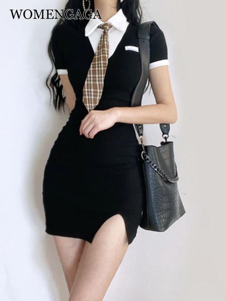 

dresses womengaga retro polo lapel preppy style tshirt tie mini dress female spice girl elegant split tight hip summer korean 5uh4, Black;gray