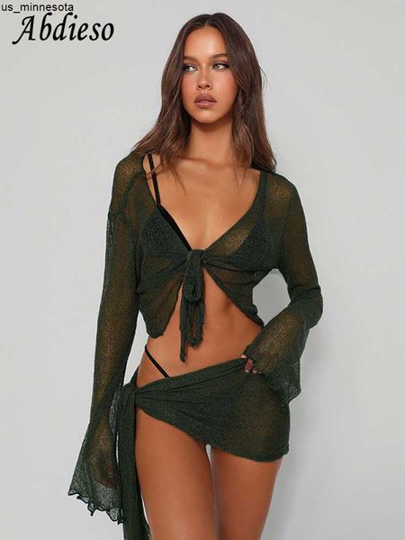 

casual dresses abdieso green summer beach dress sets women see through outfits 2023 white long sleeve crop and mini skirt 2 pieces set j2304, Black;gray