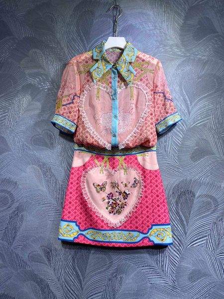 

2023 summer new dress fried street set women's celebrity print shirt beaded half skirt two piece set fashion, White