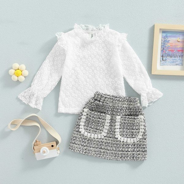 

s 1-6y kid girl clothing autumn outfits long sleeve lace jacquard flower pattern and elastic waist skirts set p230418, White