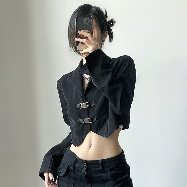 

women's suits blazers cropped black women long sleeve suit jacket buckle belt fashion woman 2023 casual streetwear short 230418, White;black