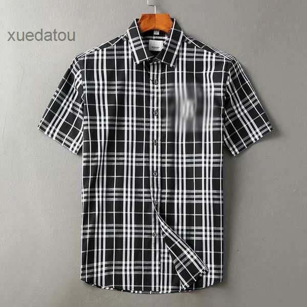 

mens casual shirt fashion burbereys mens striped plaid print camisas de hombre lapel short sleeved cotton banquet breathable and comfortable, White;black