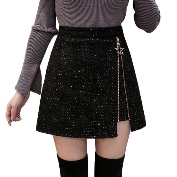 

dresses high waist a line zipper slit mini skirt fashion sequin women's woolen tweed shorts skirt 2021 winter black y2k e girl skirts, Black;gray