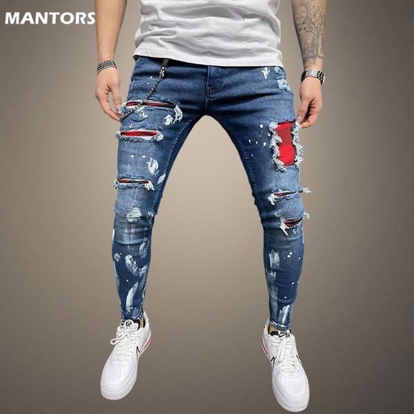 

men's jeans hip hop skinny ripped grid beggar patches slim fit stretch casual denim pencil pants men painting jogging trousers 230418, Blue