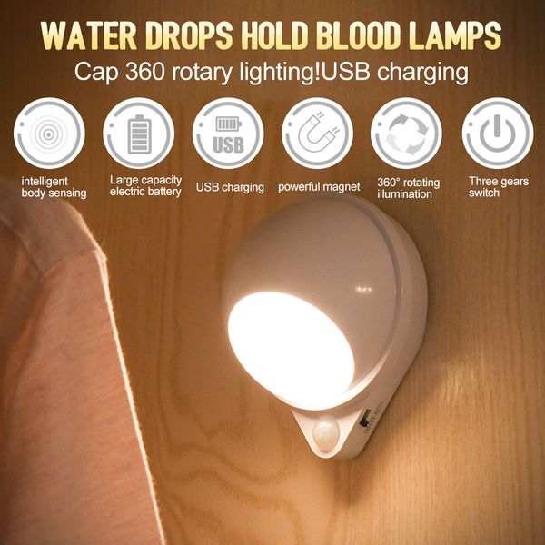 

lamps shades water drop 360 degree rotating night light human body infrared induction home universal led sconces for baby room wall lamp 230