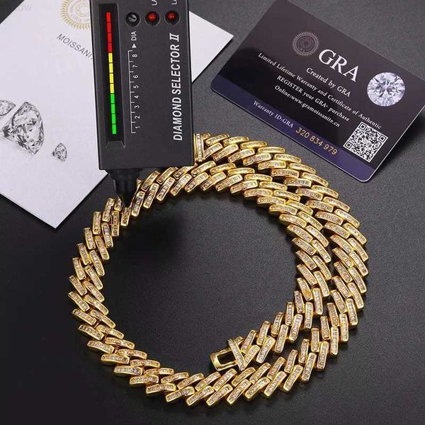 

14mm 14k 18k yellow gold plated 925 sterling silver vvs baguette moissanite diamond iced out cuban link chain necklace