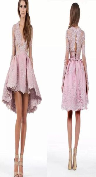 

new pink high low homecoming dresses custom made a line long sleeves high low lace applique plunging cocktail party gowns short mi6061469, Blue;pink