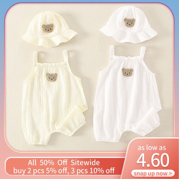 

rompers 2pcs summer baby clothes set with cap toddler cute bear sling romper fisherman hat infant girl boy jumpsuit outfit 230417, Blue
