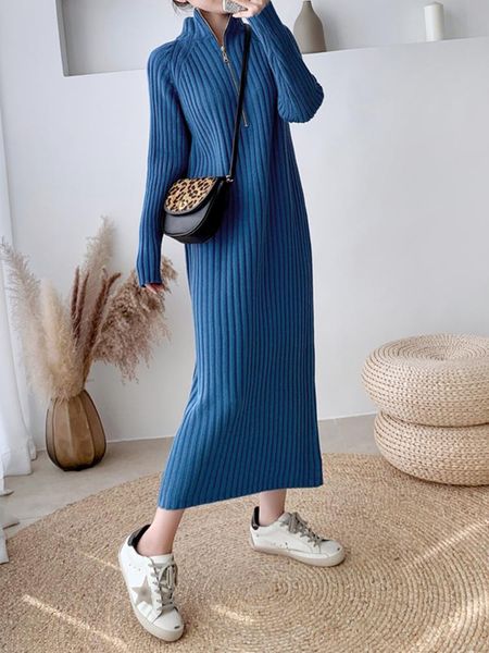 

dresses tigena knitted long dress women 2022 fall winter korean solid allmatch loose zipper long sleeve maxi sweater dress female robe, Black;gray