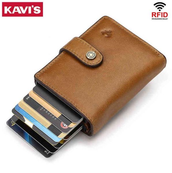 

new rfid aluminium alloy holder genuine leather card wallet card holder for men women automatic pop up card case h2204229963956, Red;black