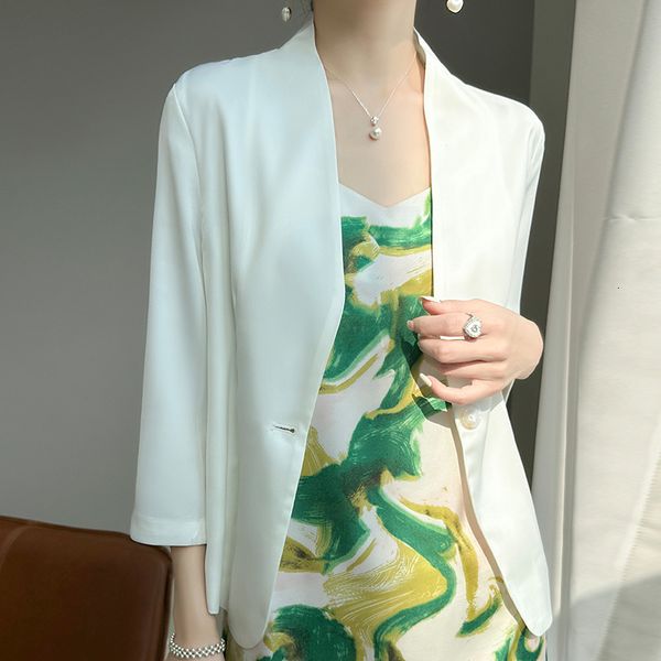 

women's suits blazers threequarter sleeve jacket female vneck loose casual one button small temperament satin joker short 230418, White;black