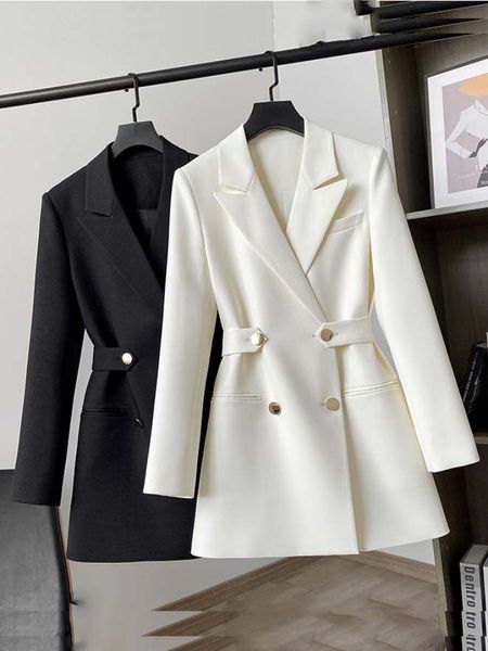 

women's suits blazers fashion woman 2023 waist slim double breasted dress suit jacket spring pure color elegant straight white 230418, White;black