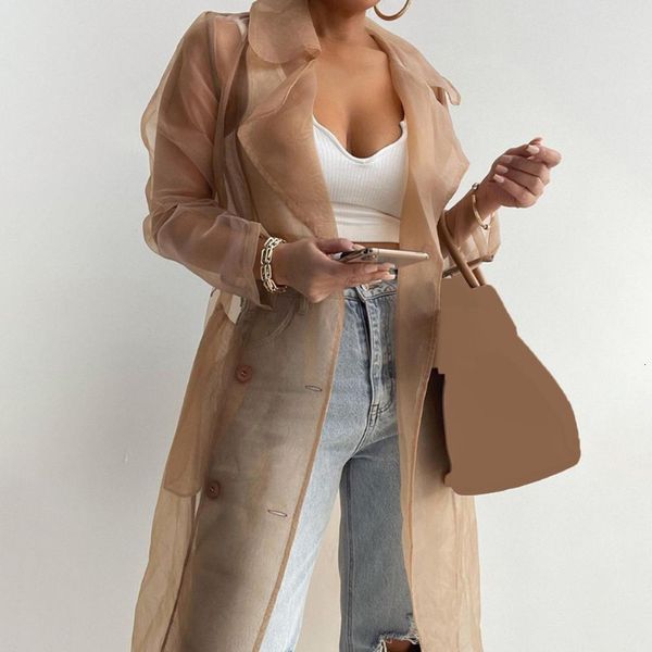 

women's jackets elegant shirts trench coat for women fashion see through lace up spring solid sheer mesh long sleeve buttoned with belt, Black;brown
